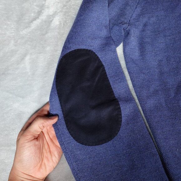 Peter Millar Merino Wool Knit Sweater Mens L Suede Elbow Patch Blue - Picture 2 of 7